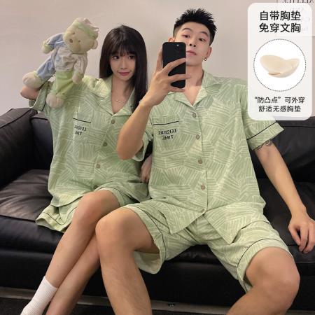 FA46232# 睡衣带胸垫夏季睡衣男女情侣拉架仿棉开衫短袖家居服 睡衣批发情侣家居服批发