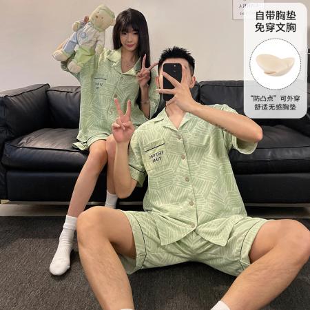 FA46232# 睡衣带胸垫夏季睡衣男女情侣拉架仿棉开衫短袖家居服 睡衣批发情侣家居服批发