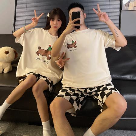 FA46236# 睡衣夏季睡衣情侣圆领拉架仿棉短袖短裤休闲家居服套 睡衣批发情侣家居服批发