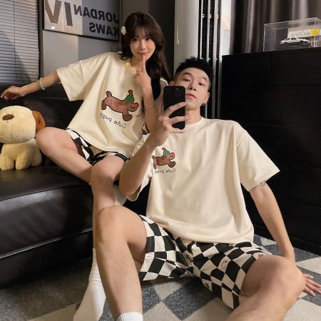 FA46236# 睡衣夏季睡衣情侣圆领拉架仿棉短袖短裤休闲家居服套 睡衣批发情侣家居服批发