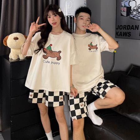 FA46236# 睡衣夏季睡衣情侣圆领拉架仿棉短袖短裤休闲家居服套 睡衣批发情侣家居服批发