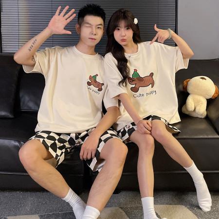 FA46236# 睡衣夏季睡衣情侣圆领拉架仿棉短袖短裤休闲家居服套 睡衣批发情侣家居服批发