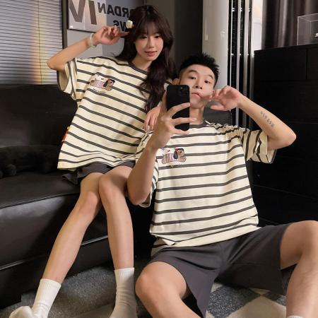 FA46238# 睡衣夏季睡衣情侣圆领拉架仿棉短袖短裤休闲家居服套 睡衣批发情侣家居服批发