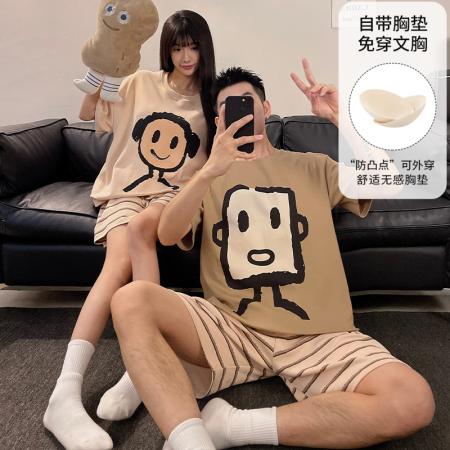 睡衣带胸垫春夏季拉架仿棉情侣睡衣男女短袖家居服套装 睡衣批发情侣家居服批发