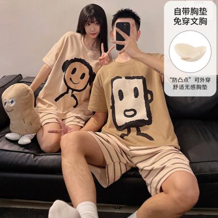 睡衣带胸垫春夏季拉架仿棉情侣睡衣男女短袖家居服套装 睡衣批发情侣家居服批发