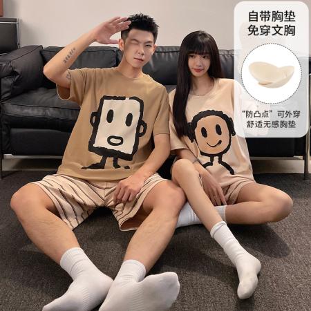 睡衣带胸垫春夏季拉架仿棉情侣睡衣男女短袖家居服套装 睡衣批发情侣家居服批发