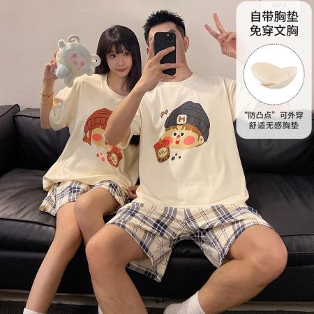 睡衣带胸垫春夏季拉架仿棉情侣睡衣男女短袖家居服套装 睡衣批发情侣家居服批发