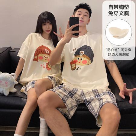 睡衣带胸垫春夏季拉架仿棉情侣睡衣男女短袖家居服套装 睡衣批发情侣家居服批发