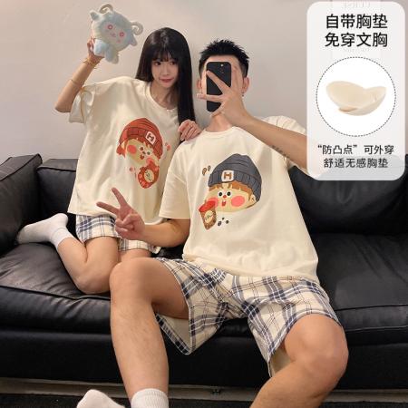 睡衣带胸垫春夏季拉架仿棉情侣睡衣男女短袖家居服套装 睡衣批发情侣家居服批发