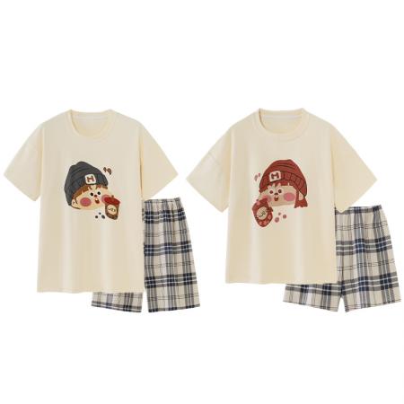 睡衣带胸垫春夏季拉架仿棉情侣睡衣男女短袖家居服套装 睡衣批发情侣家居服批发