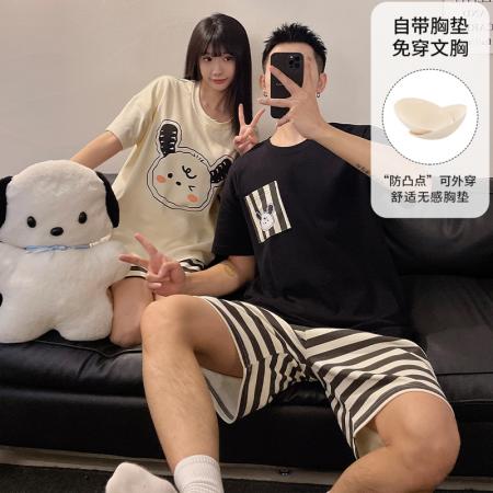 睡衣带胸垫春夏季拉架仿棉情侣睡衣男女短袖家居服套装 睡衣批发情侣家居服批发