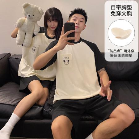 睡衣带胸垫春夏季拉架仿棉情侣睡衣男女短袖家居服套装 睡衣批发情侣家居服批发