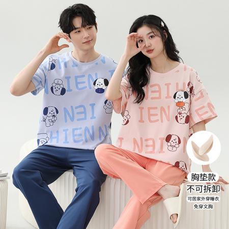 睡衣夏季睡衣情侣女带胸垫拉架仿棉家居服套 睡衣批发情侣家居服批发