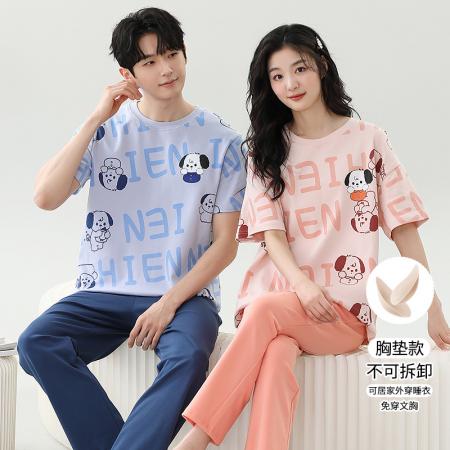 睡衣夏季睡衣情侣女带胸垫拉架仿棉家居服套 睡衣批发情侣家居服批发