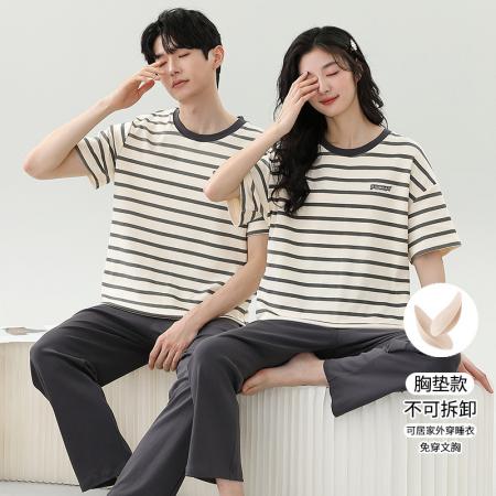 睡衣夏季睡衣情侣女带胸垫拉架仿棉家居服套 睡衣批发情侣家居服批发