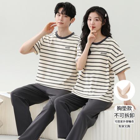 睡衣夏季睡衣情侣女带胸垫拉架仿棉家居服套 睡衣批发情侣家居服批发