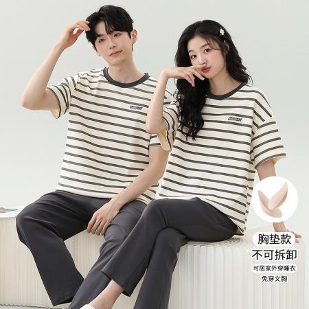 睡衣夏季睡衣情侣女带胸垫拉架仿棉家居服套 睡衣批发情侣家居服批发