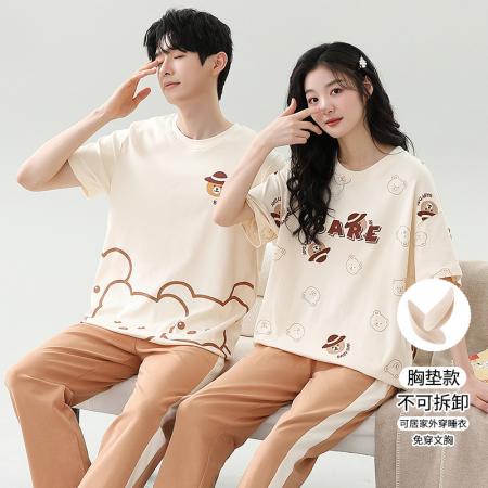 睡衣夏季睡衣情侣女带胸垫拉架仿棉家居服套 睡衣批发情侣家居服批发