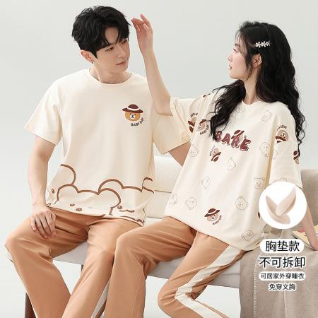 睡衣夏季睡衣情侣女带胸垫拉架仿棉家居服套 睡衣批发情侣家居服批发
