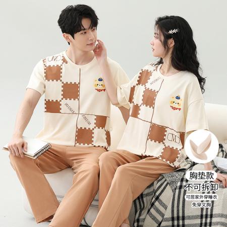 睡衣夏季睡衣情侣女带胸垫拉架仿棉家居服套 睡衣批发情侣家居服批发