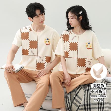 睡衣夏季睡衣情侣女带胸垫拉架仿棉家居服套 睡衣批发情侣家居服批发