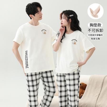 睡衣夏季睡衣情侣女带胸垫拉架仿棉家居服套 睡衣批发情侣家居服批发