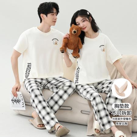 睡衣夏季睡衣情侣女带胸垫拉架仿棉家居服套 睡衣批发情侣家居服批发