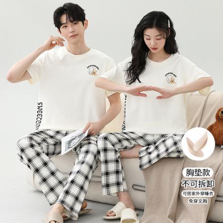 睡衣夏季睡衣情侣女带胸垫拉架仿棉家居服套 睡衣批发情侣家居服批发