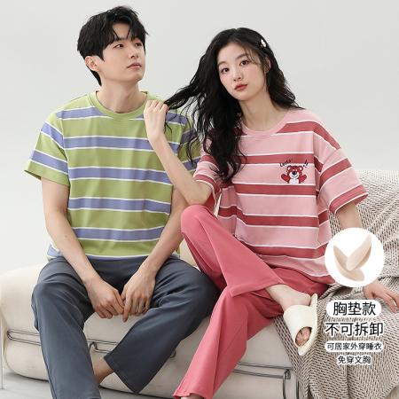 睡衣夏季睡衣情侣女带胸垫拉架仿棉家居服套 睡衣批发情侣家居服批发