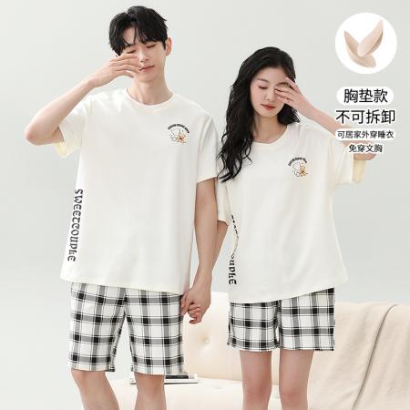 睡衣夏季睡衣情侣女带胸垫拉架仿棉家居服套 睡衣批发情侣家居服批发