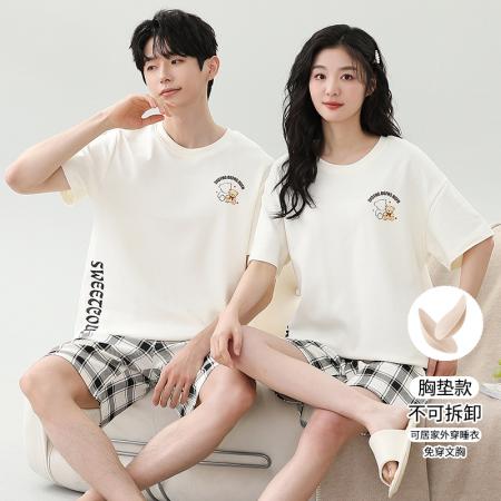 睡衣夏季睡衣情侣女带胸垫拉架仿棉家居服套 睡衣批发情侣家居服批发