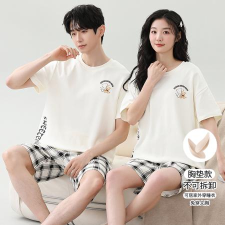 睡衣夏季睡衣情侣女带胸垫拉架仿棉家居服套 睡衣批发情侣家居服批发