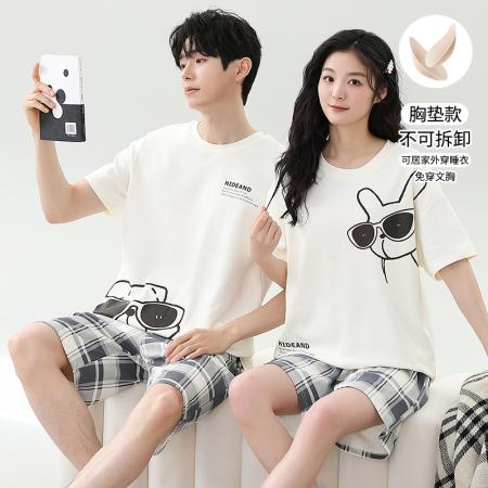 睡衣夏季睡衣情侣女带胸垫拉架仿棉家居服套 睡衣批发情侣家居服批发