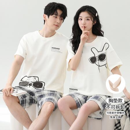 睡衣夏季睡衣情侣女带胸垫拉架仿棉家居服套 睡衣批发情侣家居服批发