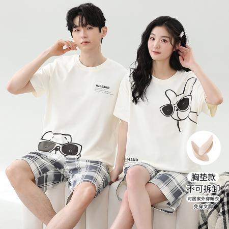 睡衣夏季睡衣情侣女带胸垫拉架仿棉家居服套 睡衣批发情侣家居服批发