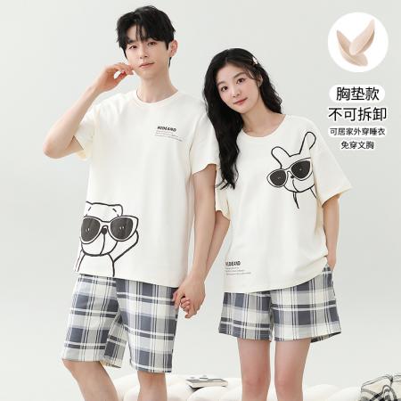 睡衣夏季睡衣情侣女带胸垫拉架仿棉家居服套 睡衣批发情侣家居服批发