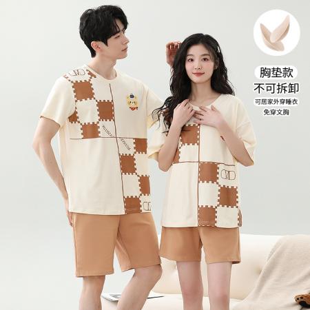 睡衣夏季睡衣情侣女带胸垫拉架仿棉家居服套 睡衣批发情侣家居服批发