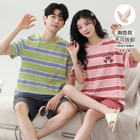 睡衣夏季睡衣情侣女带胸垫拉架仿棉家居服套 睡衣批发情侣家居服批发