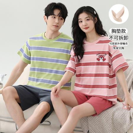 睡衣夏季睡衣情侣女带胸垫拉架仿棉家居服套 睡衣批发情侣家居服批发