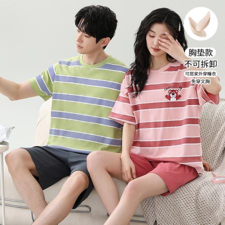 睡衣夏季睡衣情侣女带胸垫拉架仿棉家居服套 睡衣批发情侣家居服批发