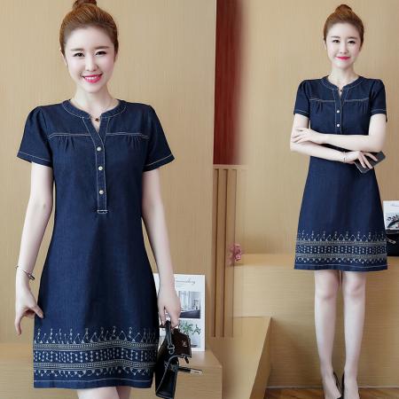 LN76359# 薄款短袖牛仔连衣裙女一步裙修身韩版长裙包臀刺绣牛仔裙