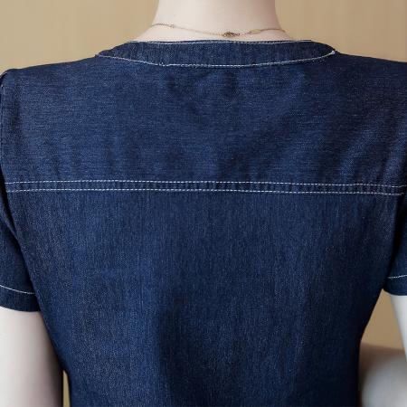 LN76359# 薄款短袖牛仔连衣裙女一步裙修身韩版长裙包臀刺绣牛仔裙