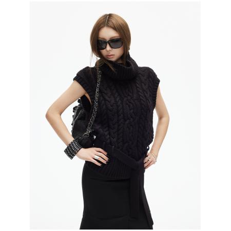 FA46257# 粗针编织立体花高领小飞袖腰带绞花毛衣背心三色可选 服裝批發女裝批發服飾貨源