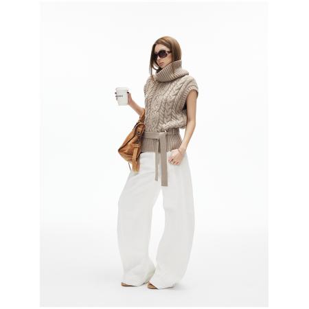 FA46257# 粗针编织立体花高领小飞袖腰带绞花毛衣背心三色可选 服裝批發女裝批發服飾貨源