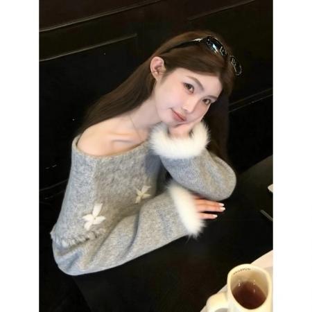 FA46258# 韩系氛围感宽松慵懒风百搭上衣高级感灰色蝴蝶结一字肩毛衣女秋冬 服裝批發女裝批發服飾貨源