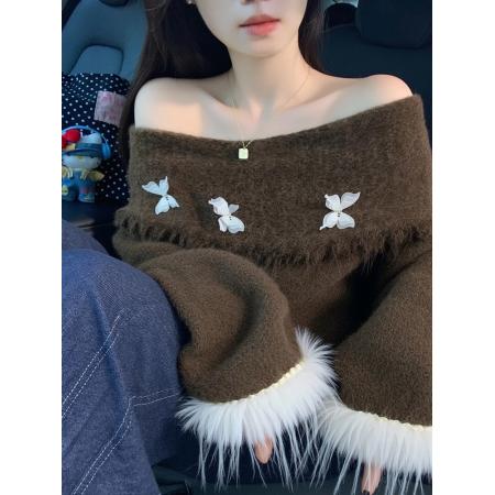 FA46258# 韩系氛围感宽松慵懒风百搭上衣高级感灰色蝴蝶结一字肩毛衣女秋冬 服裝批發女裝批發服飾貨源