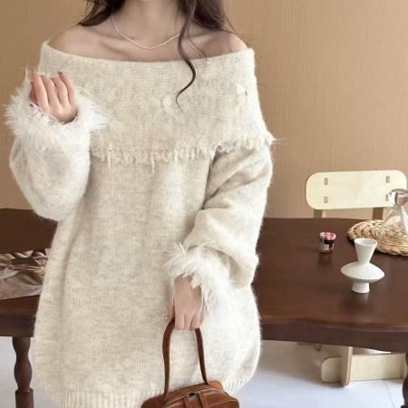 FA46258# 韩系氛围感宽松慵懒风百搭上衣高级感灰色蝴蝶结一字肩毛衣女秋冬 服裝批發女裝批發服飾貨源