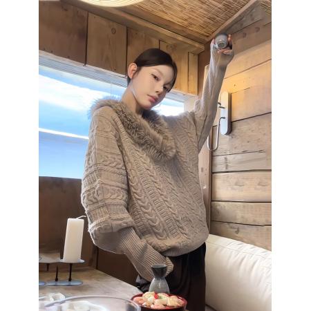 FA46259# 咖色毛毛V领套头蝙蝠袖毛衣女秋冬季内搭慵懒气质宽松针织衫上衣 服裝批發女裝批發服飾貨源