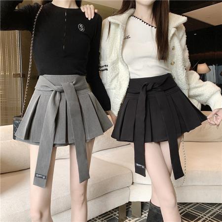 FA46261# 秋冬季百搭绑带高腰显瘦半身裙百褶裙防走光短裙a字裙女 服裝批發女裝批發服飾貨源