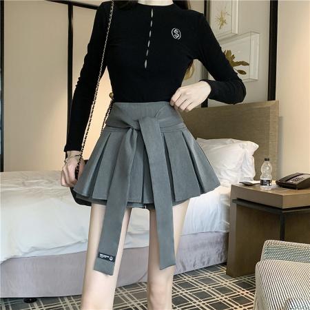 FA46261# 秋冬季百搭绑带高腰显瘦半身裙百褶裙防走光短裙a字裙女 服裝批發女裝批發服飾貨源